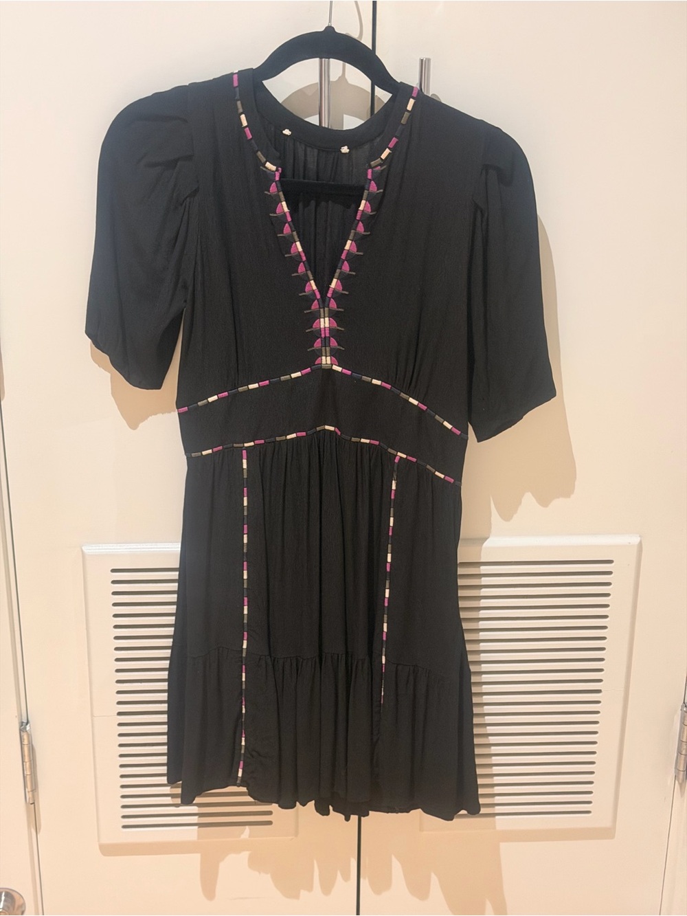 BA@SH Black  Short Sleeve V-Neck Dress with trim.